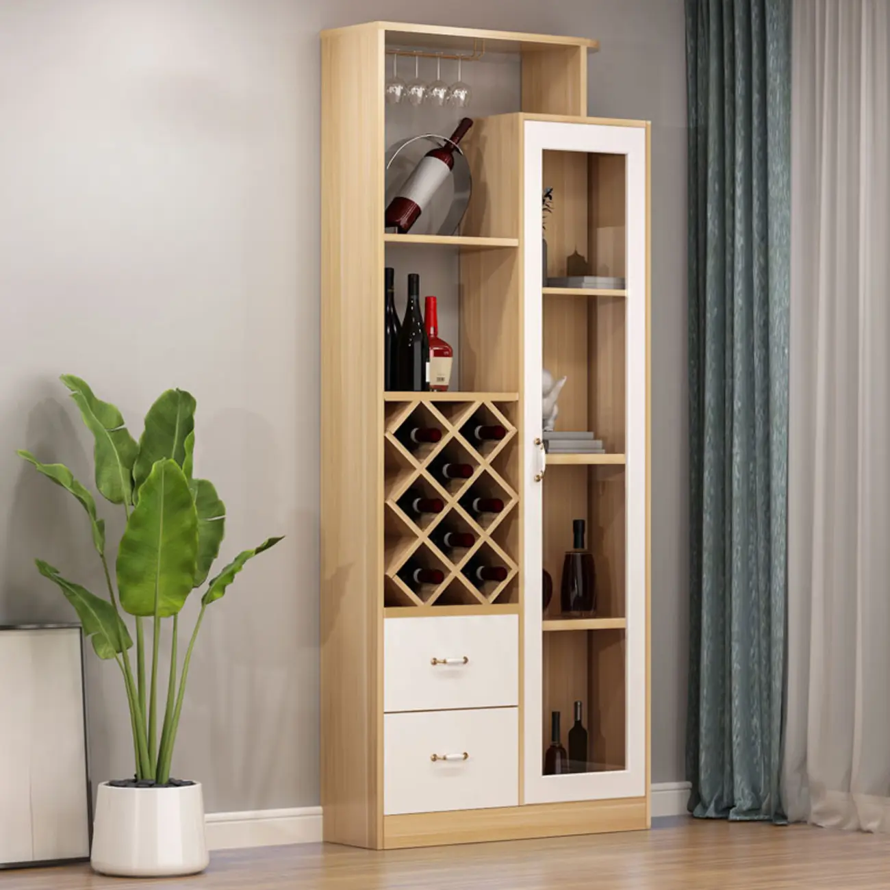 Trendy Woodworking Wine Bottle Open Glass Rack with Shelf Image - 2 | homeyfad