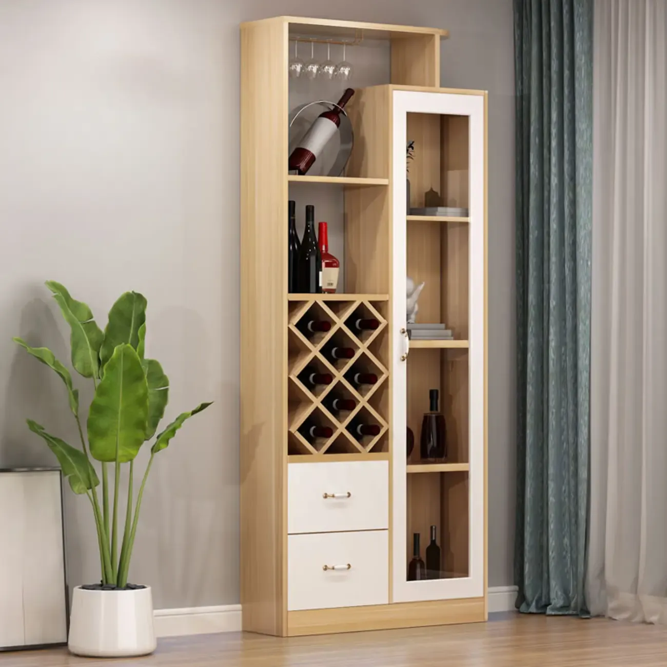 Trendy Woodworking Wine Bottle Open Glass Rack with Shelf Image - 2