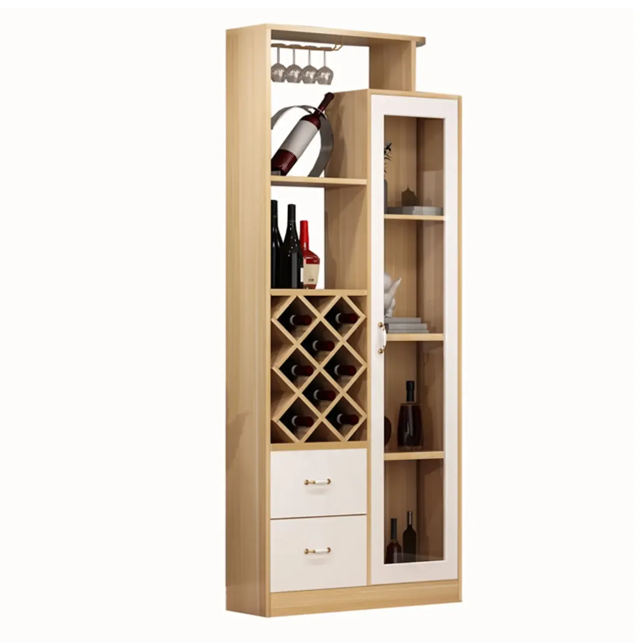 Trendy Woodworking Wine Bottle Open Glass Rack with Shelf Image - 6