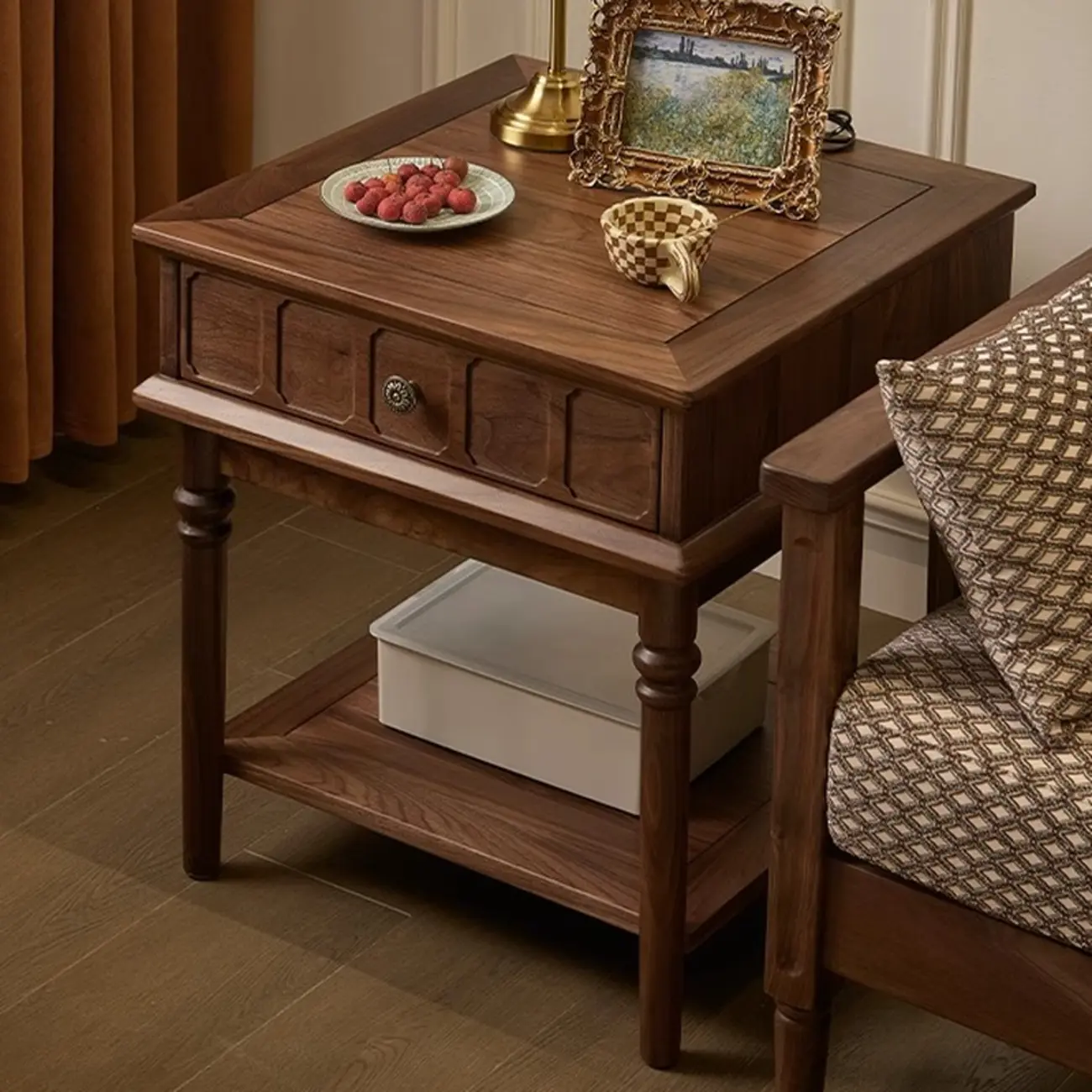 Mid-century Modern Square Walnut Wood End Table with Drawer Image - 2 | homeyfad