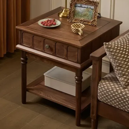 Mid-century Modern Square Walnut Wood End Table with Drawer Image - 2