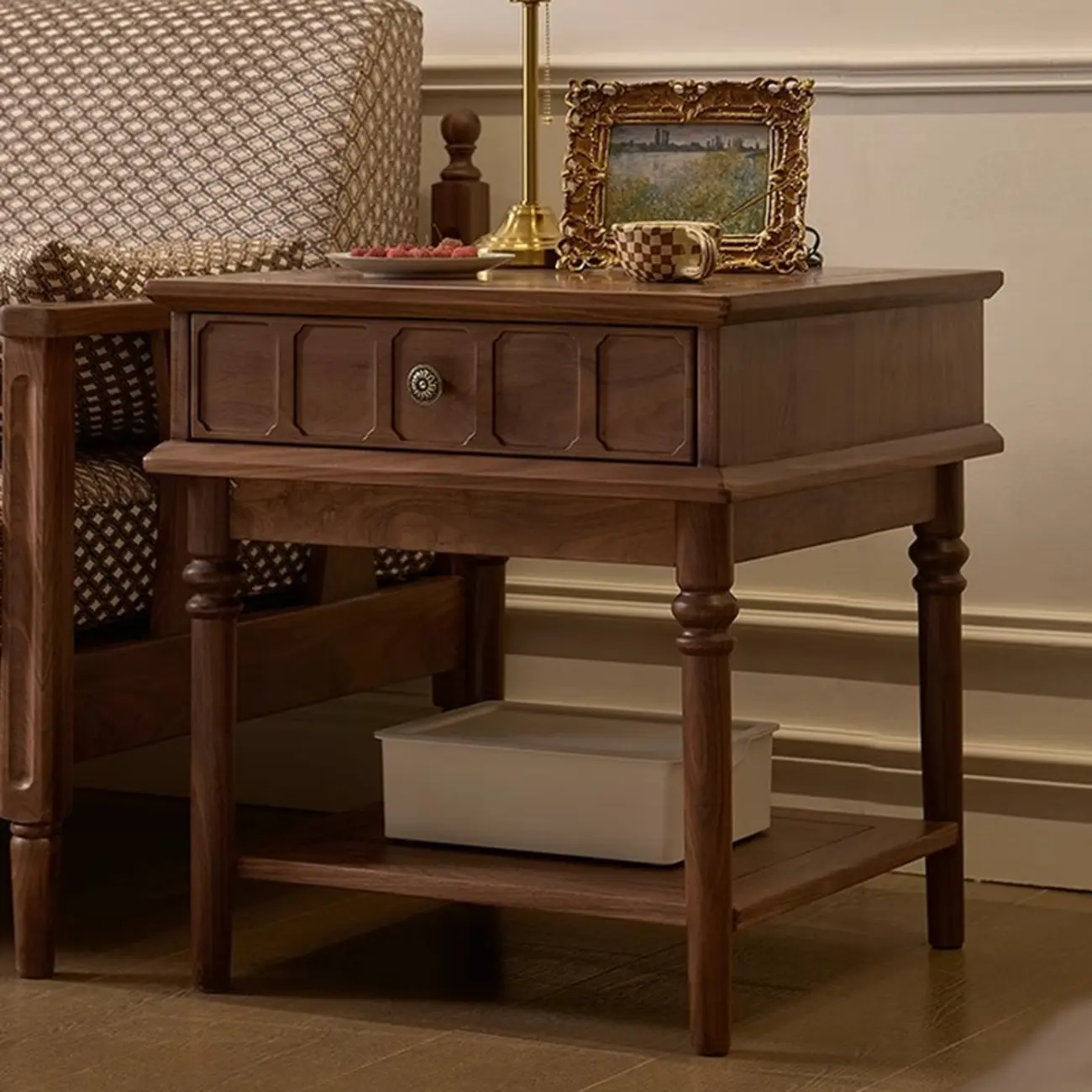 Mid-century Modern Square Walnut Wood End Table with Drawer Image - 3 | homeyfad
