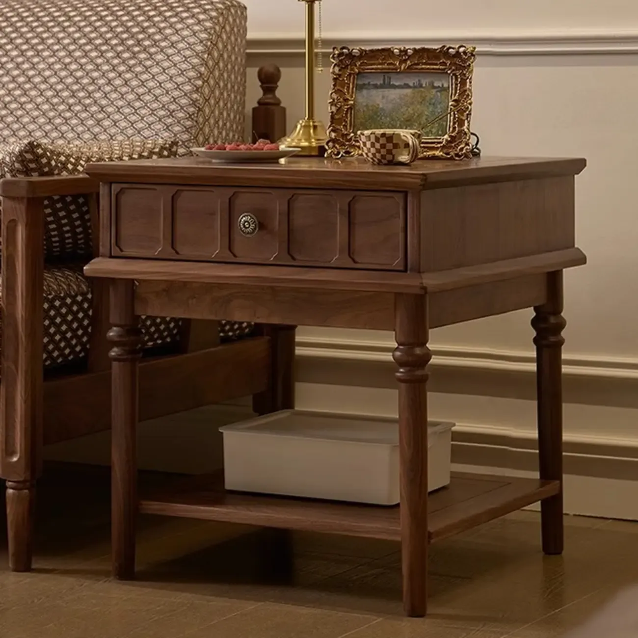 Mid-century Modern Square Walnut Wood End Table with Drawer Image - 3