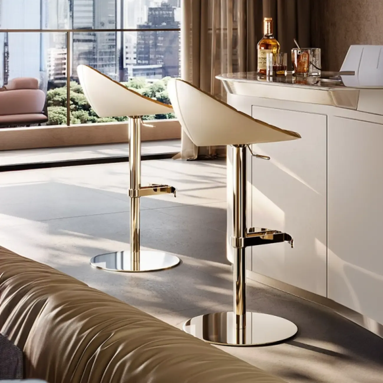 Luxury Adjustable Height Leather Bar Stool Gold Pedestal Image - 2