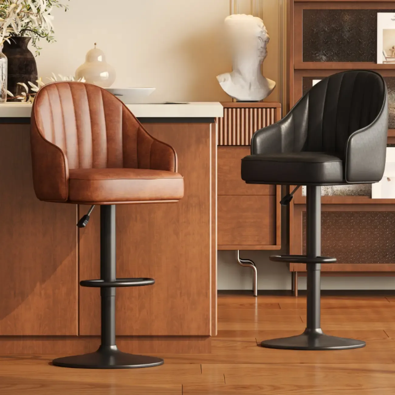 Adaptable Height Rawhide Bar Stool with Rear Arm Rotatable Seat Image - 1