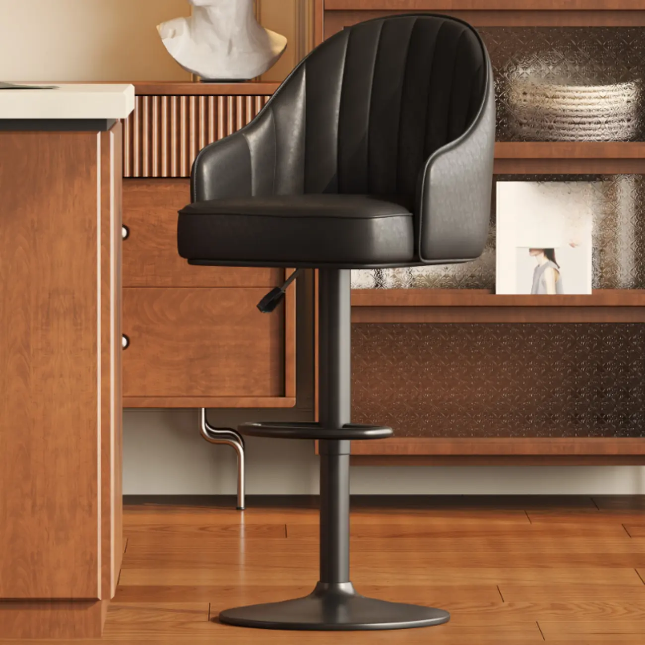 Adaptable Height Rawhide Bar Stool with Rear Arm Rotatable Seat Image - 3 | homeyfad