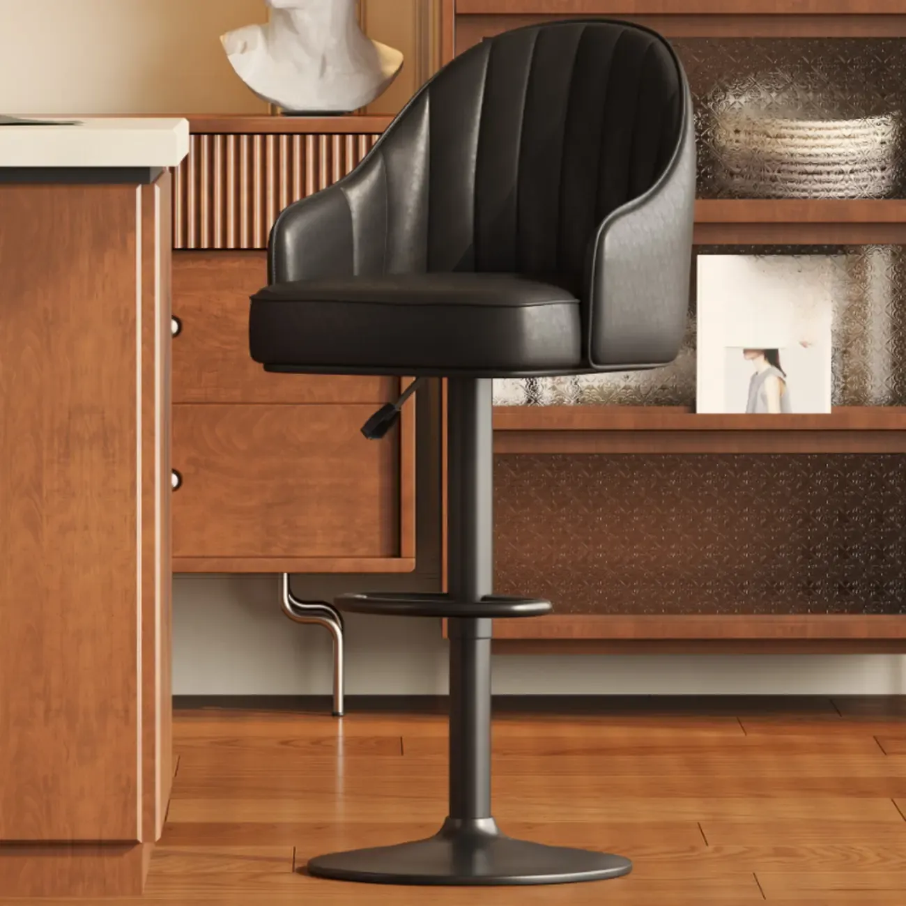 Adaptable Height Rawhide Bar Stool with Rear Arm Rotatable Seat Image - 3