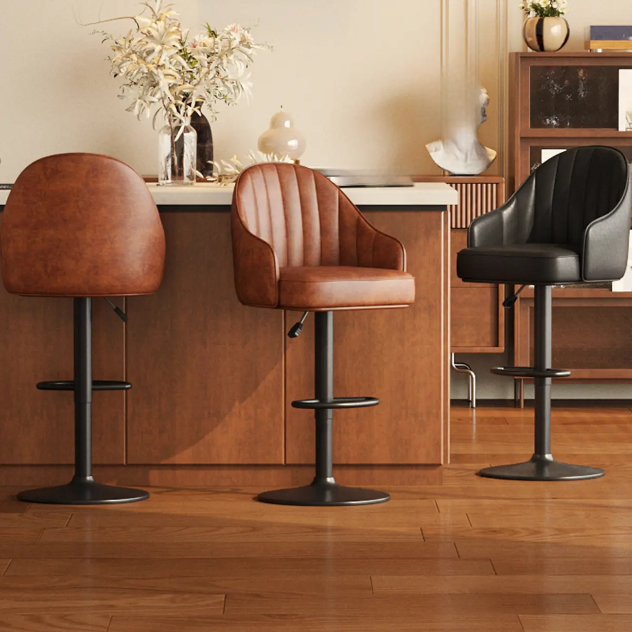 Adaptable Height Rawhide Bar Stool with Rear Arm Rotatable Seat Image - 4 | homeyfad