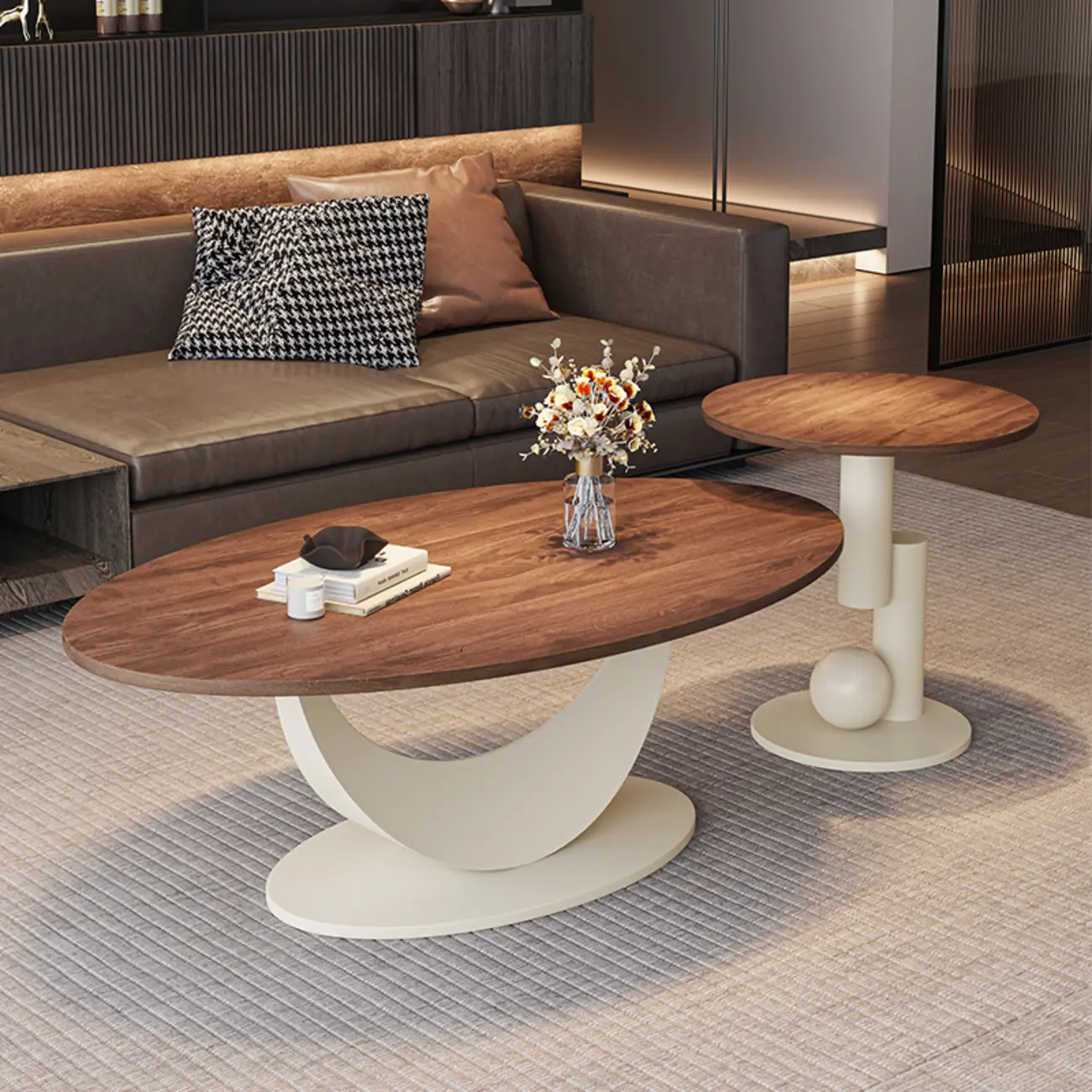 Modern Oval Pecan Wood Top Pedestal Coffee Table Image - 1 | homeyfad