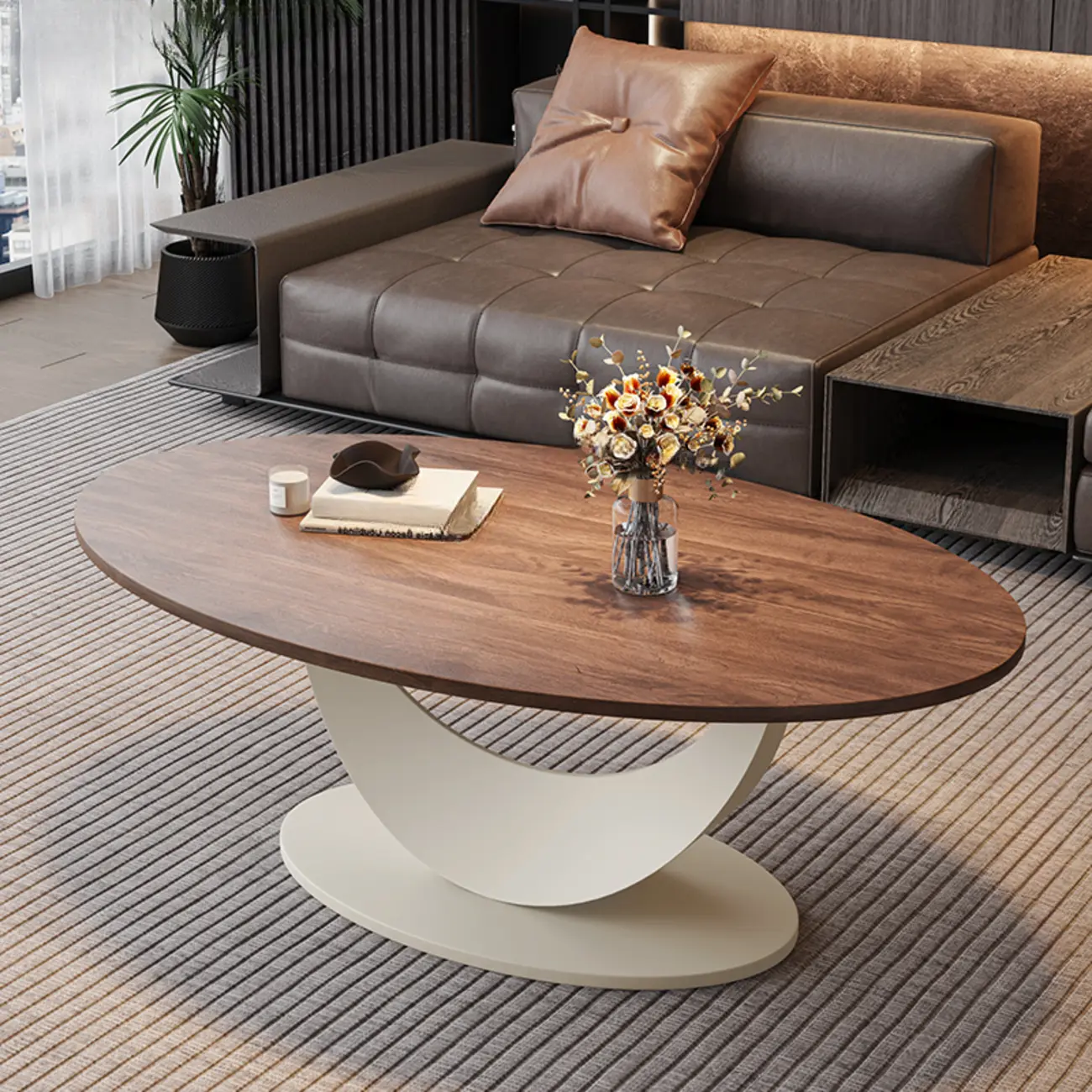Modern Oval Pecan Wood Top Pedestal Coffee Table Image - 2 | homeyfad