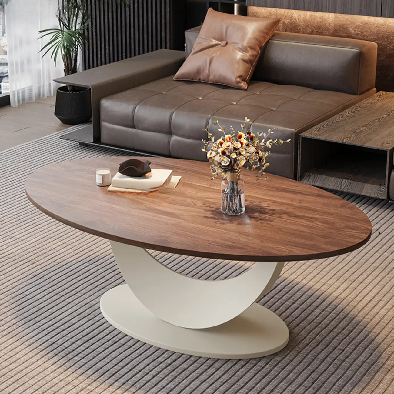 Modern Oval Pecan Wood Top Pedestal Coffee Table Image - 3 | homeyfad