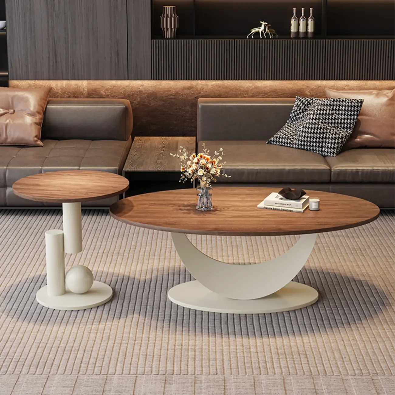 Modern Oval Pecan Wood Top Pedestal Coffee Table Image - 4