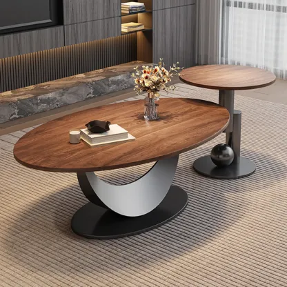 Modern Oval Pecan Wood Top Pedestal Coffee Table Image - 6