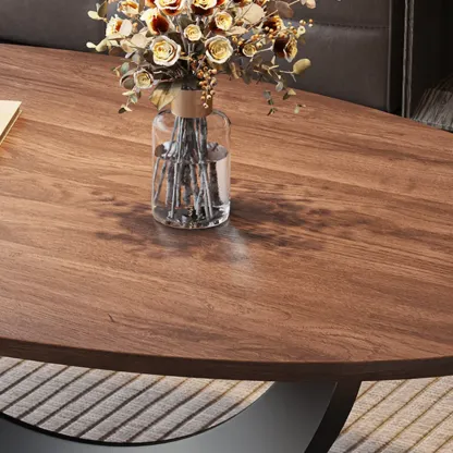 Modern Oval Pecan Wood Top Pedestal Coffee Table Image - 7
