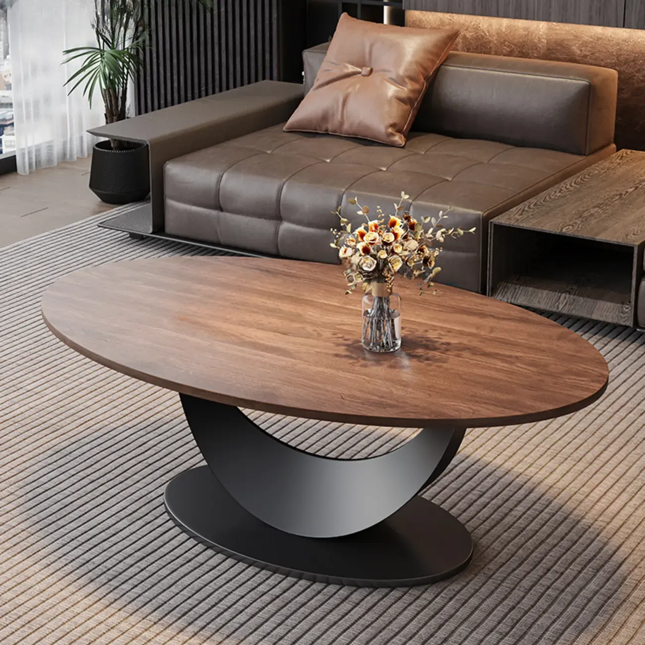 Modern Oval Pecan Wood Top Pedestal Coffee Table Image - 9