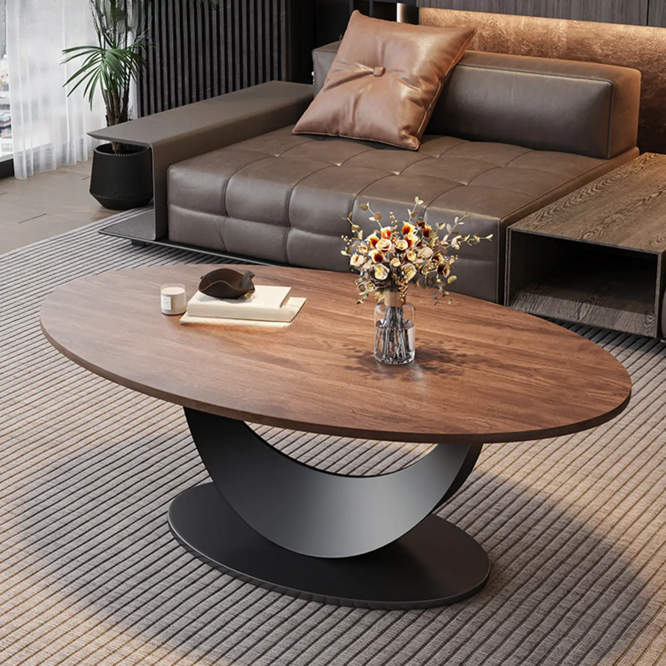 Modern Oval Pecan Wood Top Pedestal Coffee Table Image - 11 | homeyfad