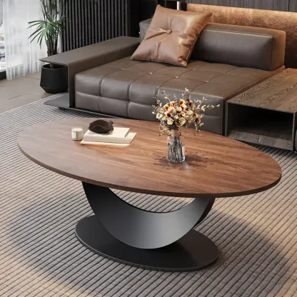 Modern Oval Pecan Wood Top Pedestal Coffee Table Image - 11