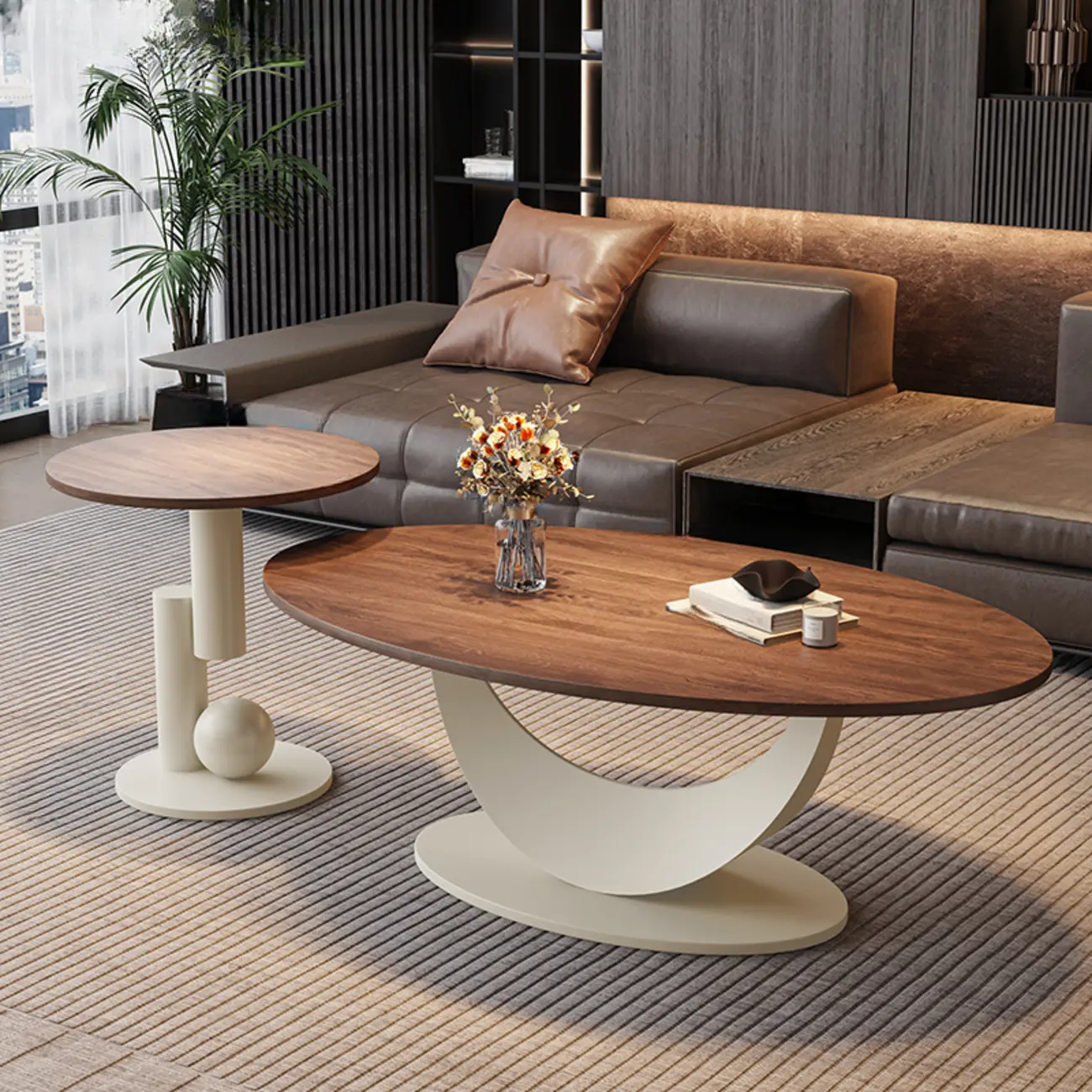 Modern Oval Pecan Wood Top Pedestal Coffee Table Image - 12 | homeyfad
