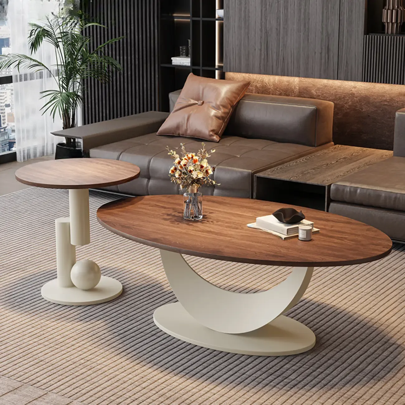 Modern Oval Pecan Wood Top Pedestal Coffee Table Image - 13