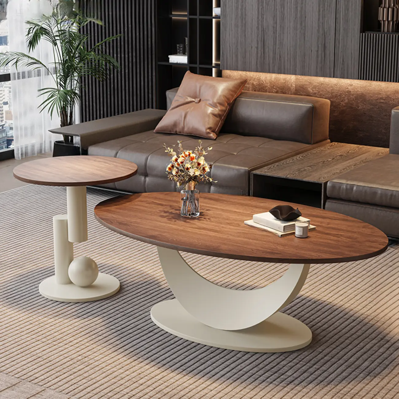 Modern Oval Pecan Wood Top Pedestal Coffee Table Image - 14 | homeyfad