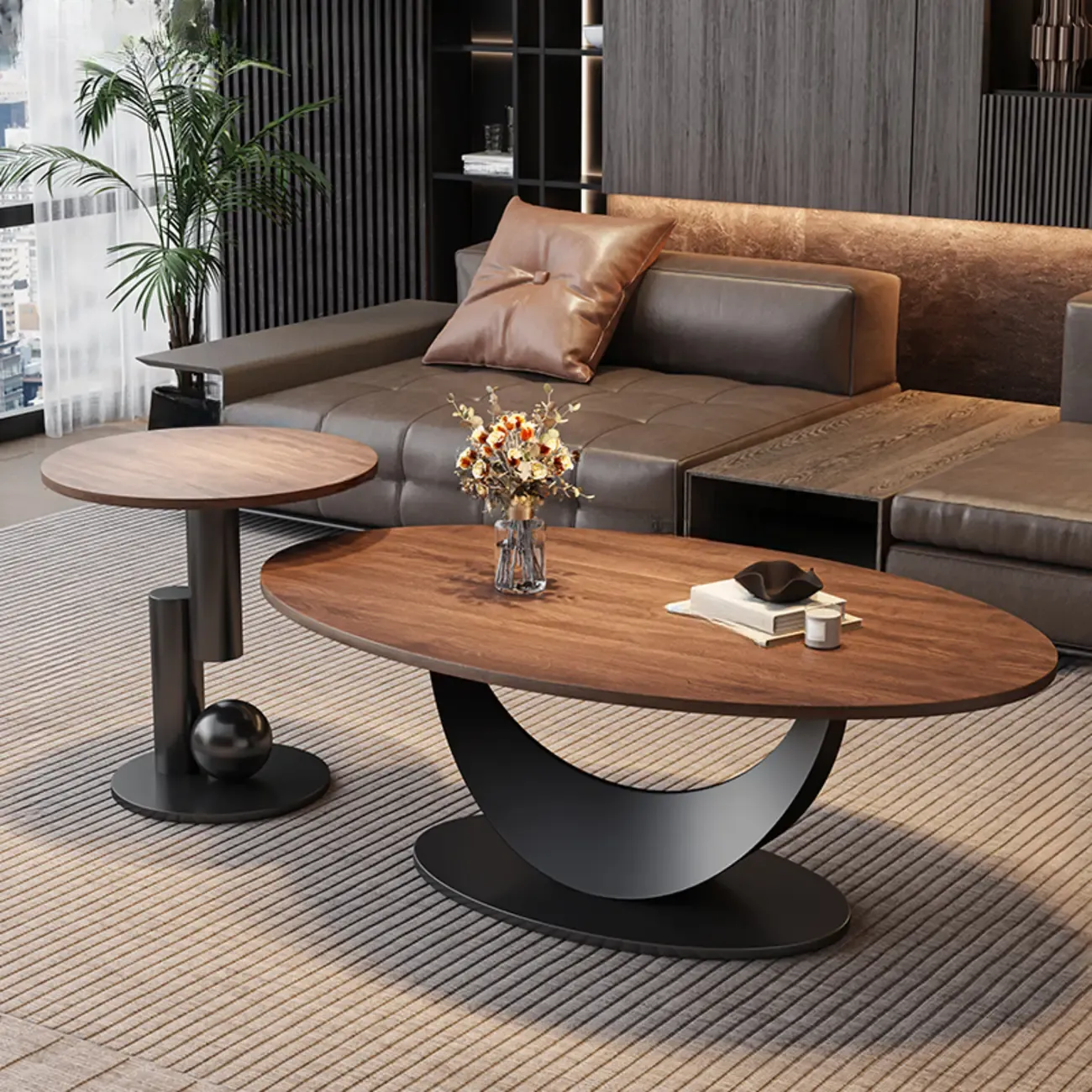 Modern Oval Pecan Wood Top Pedestal Coffee Table Image - 16