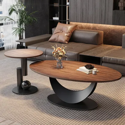 Modern Oval Pecan Wood Top Pedestal Coffee Table Image - 17