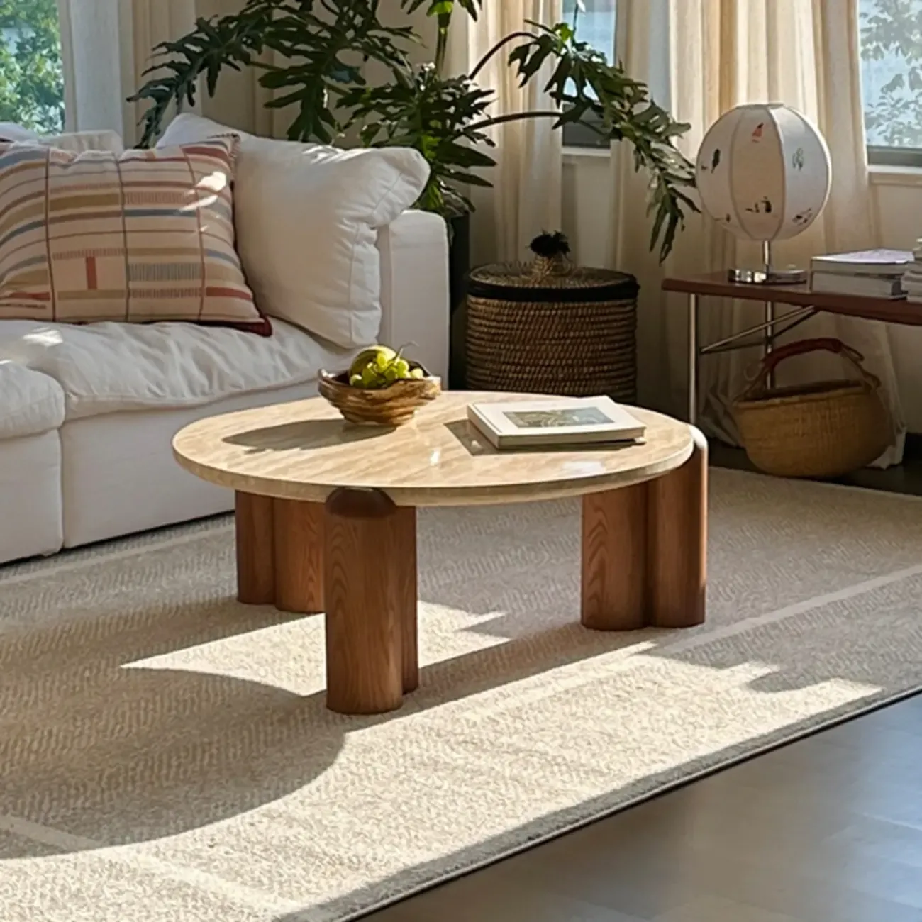 Living Room Round Sintered Stone Top Wood Tripod Coffee Table Image - 1