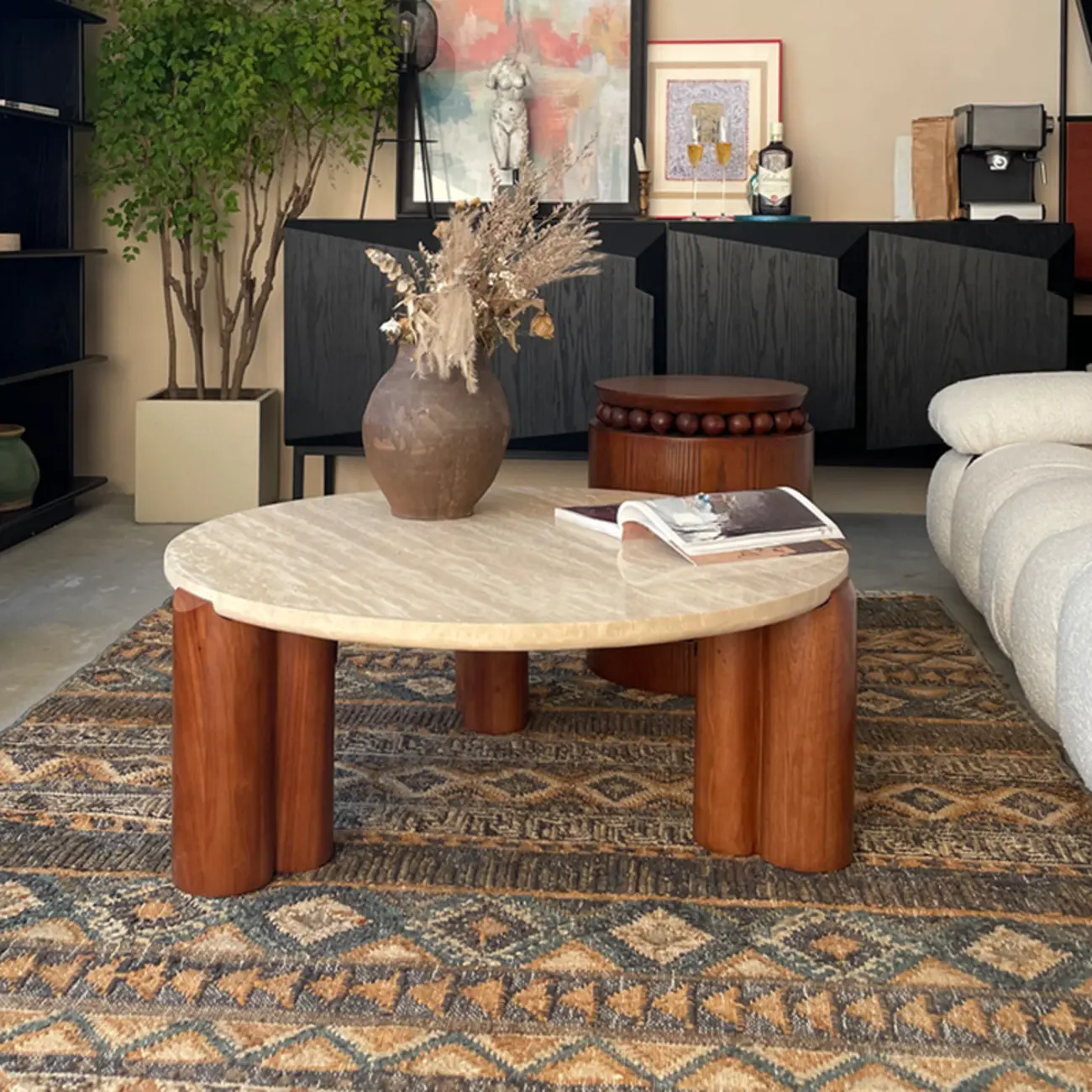 Living Room Round Sintered Stone Top Wood Tripod Coffee Table Image - 3 | homeyfad