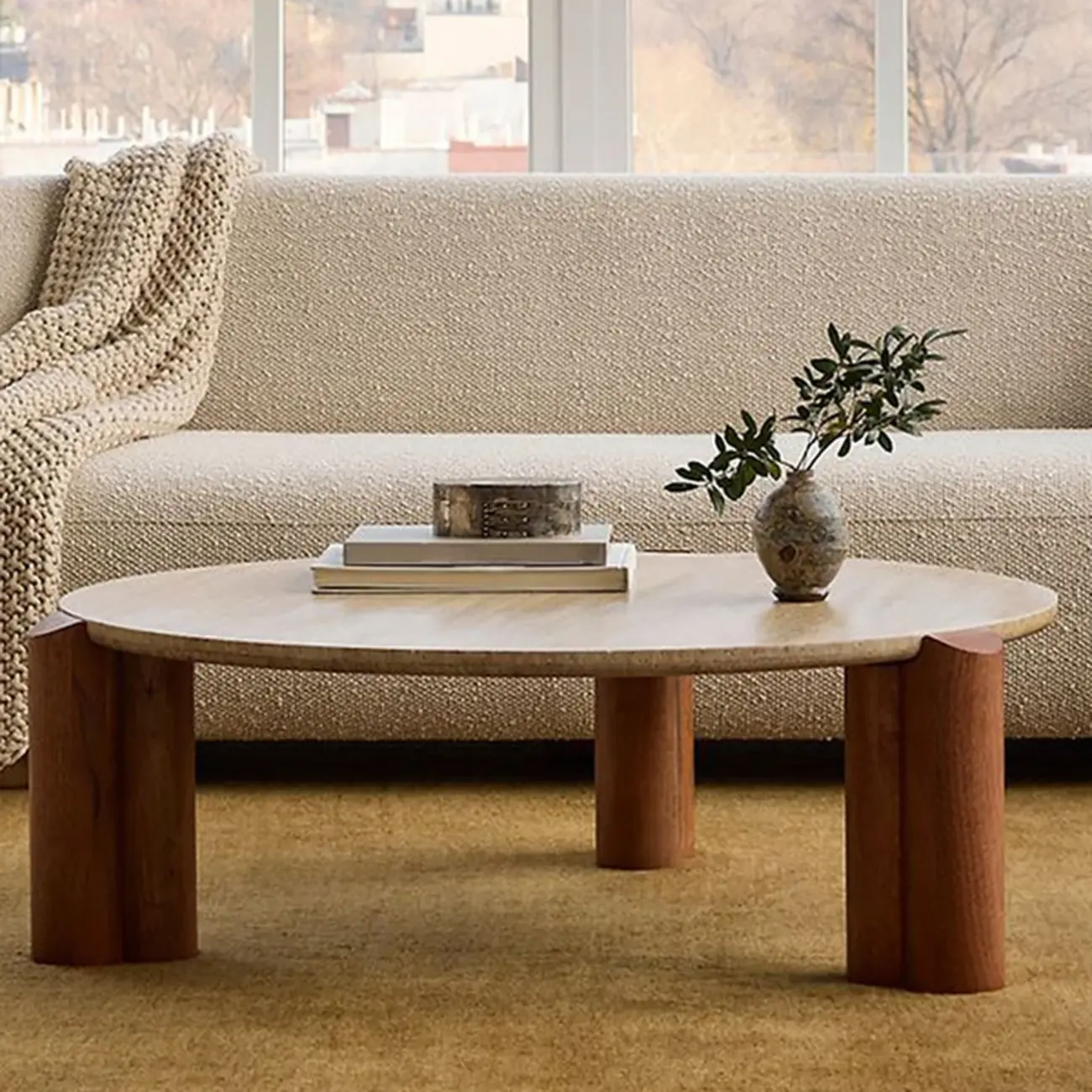 Living Room Round Sintered Stone Top Wood Tripod Coffee Table Image - 4 | homeyfad