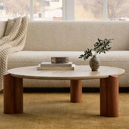 Living Room Round Sintered Stone Top Wood Tripod Coffee Table Image - 4