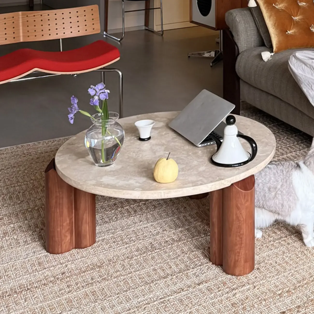 Living Room Round Sintered Stone Top Wood Tripod Coffee Table Image - 5