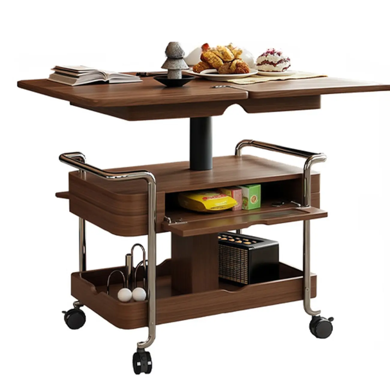 Functional Wooden Lift Top Rolling Coffee Table With Drawer Image - 3 | homeyfad