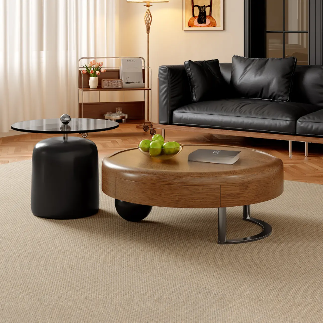 Round Modern Wood Metal Sledge Base Coffee Table With Drawer Image - 1 | homeyfad