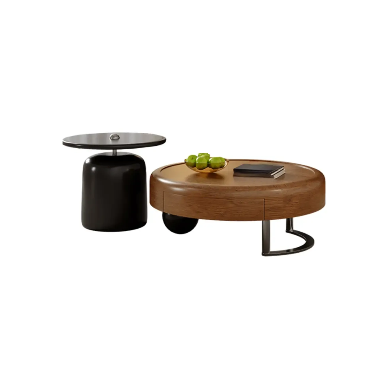 Round Modern Wood Metal Sledge Base Coffee Table With Drawer Image - 4