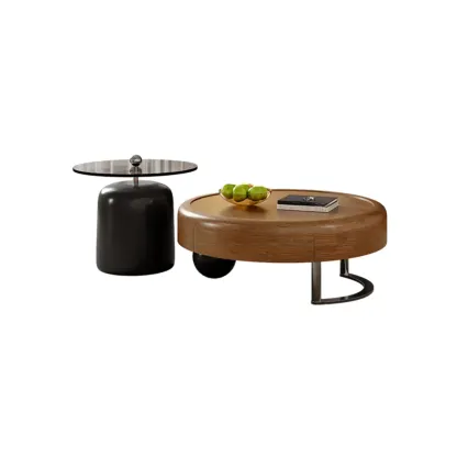 Round Modern Wood Metal Sledge Base Coffee Table With Drawer Image - 5