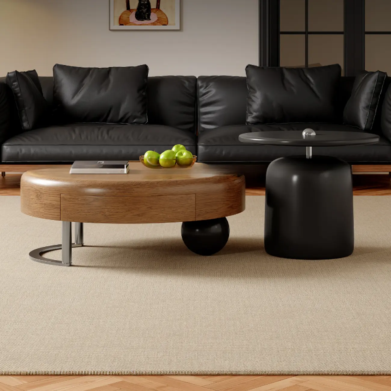 Round Modern Wood Metal Sledge Base Coffee Table With Drawer Image - 3 | homeyfad