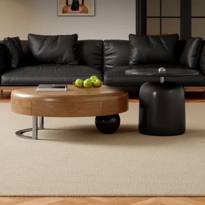 Round Modern Wood Metal Sledge Base Coffee Table With Drawer Image - 3