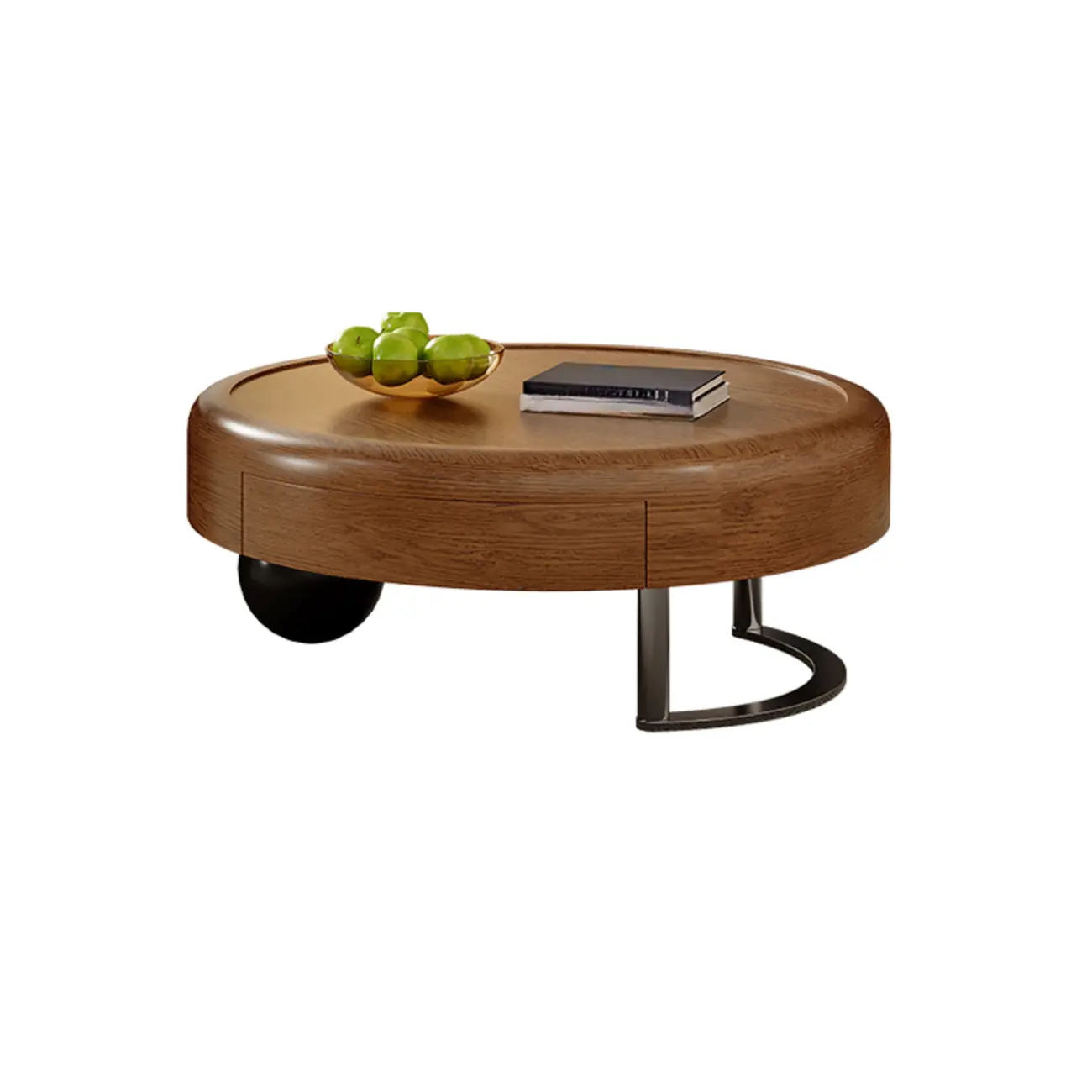 Round Modern Wood Metal Sledge Base Coffee Table With Drawer Image - 6 | homeyfad