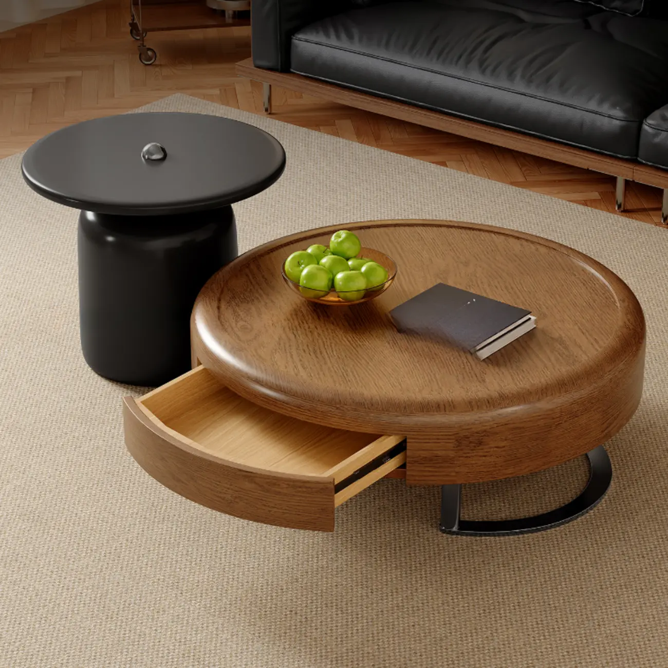 Round Modern Wood Metal Sledge Base Coffee Table With Drawer Image - 2 | homeyfad
