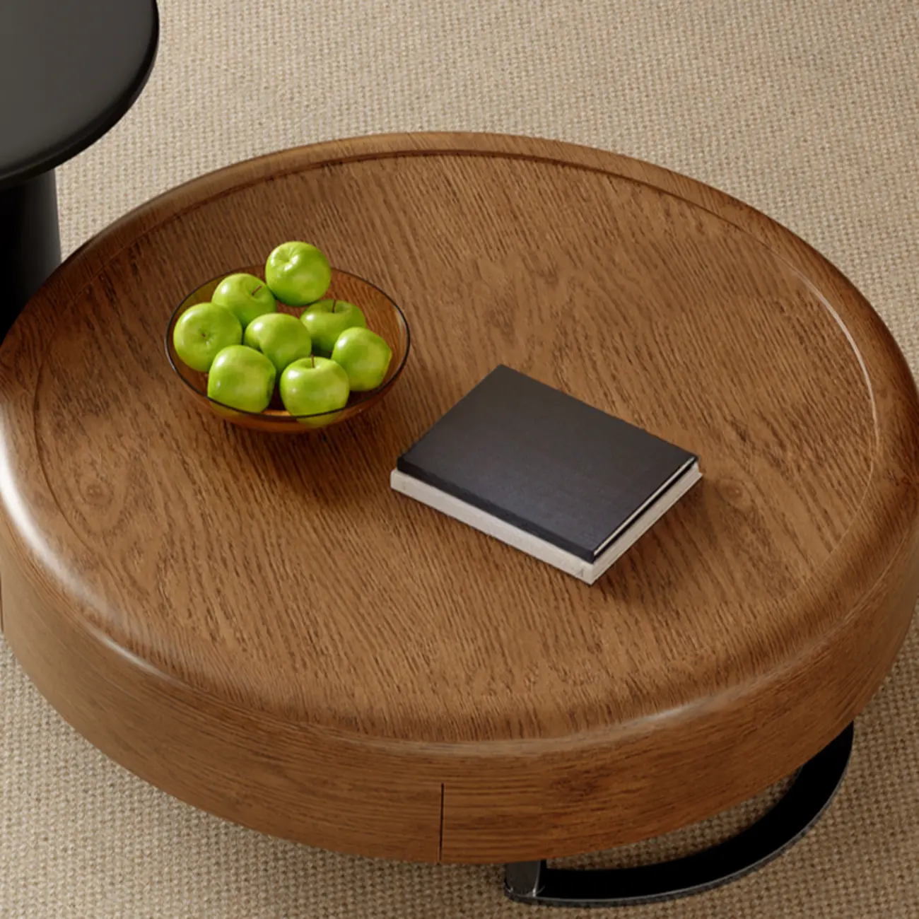 Round Modern Wood Metal Sledge Base Coffee Table With Drawer Image - 10 | homeyfad