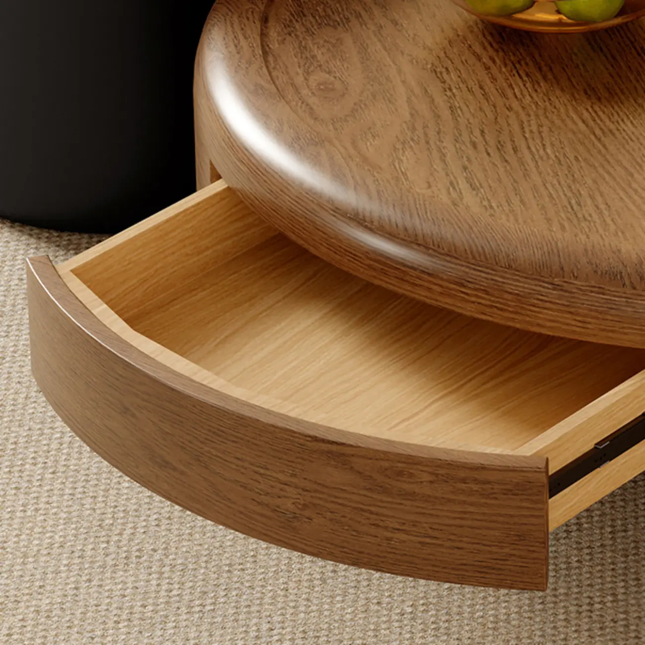 Round Modern Wood Metal Sledge Base Coffee Table With Drawer Image - 11 | homeyfad