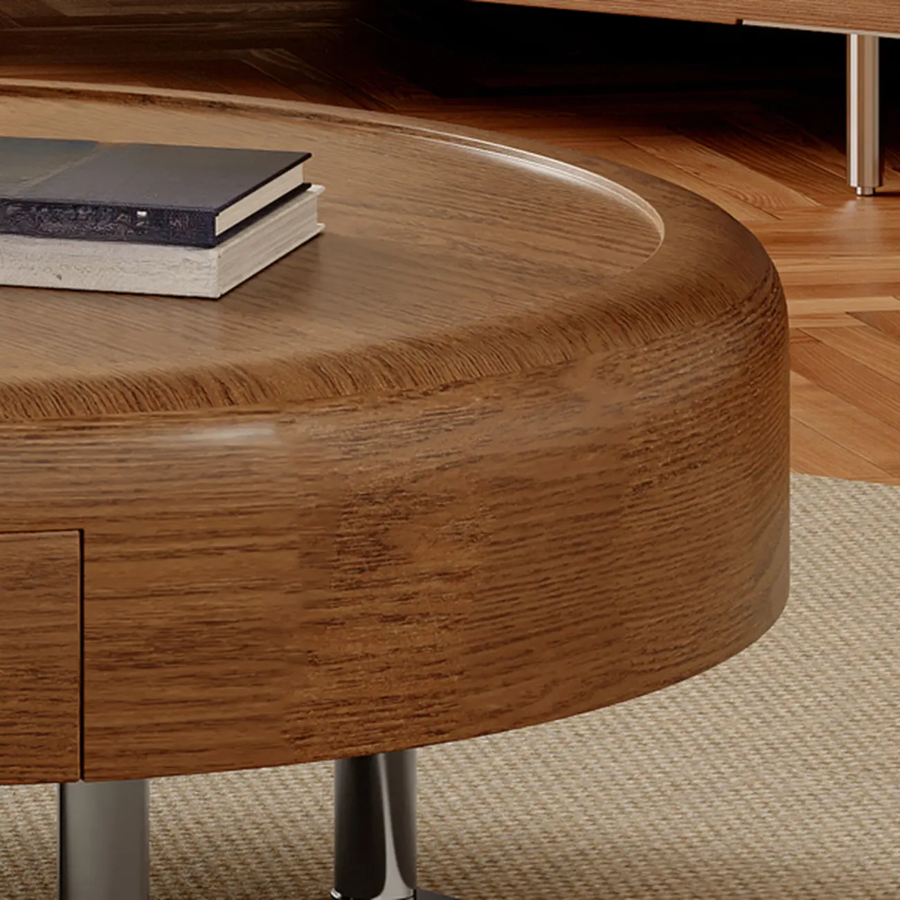 Round Modern Wood Metal Sledge Base Coffee Table With Drawer Image - 12 | homeyfad