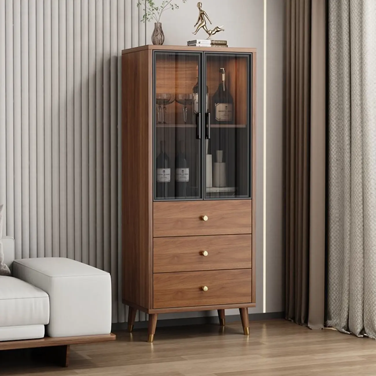 Unfixed Design Glass Doors Wine Cabinet with Shelf and Compartment Image - 3 | homeyfad