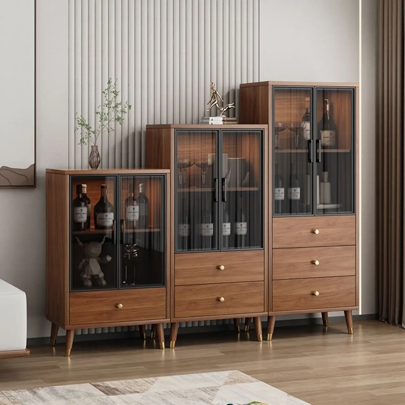 Unfixed Design Glass Doors Wine Cabinet with Shelf and Compartment Image - 2 | homeyfad
