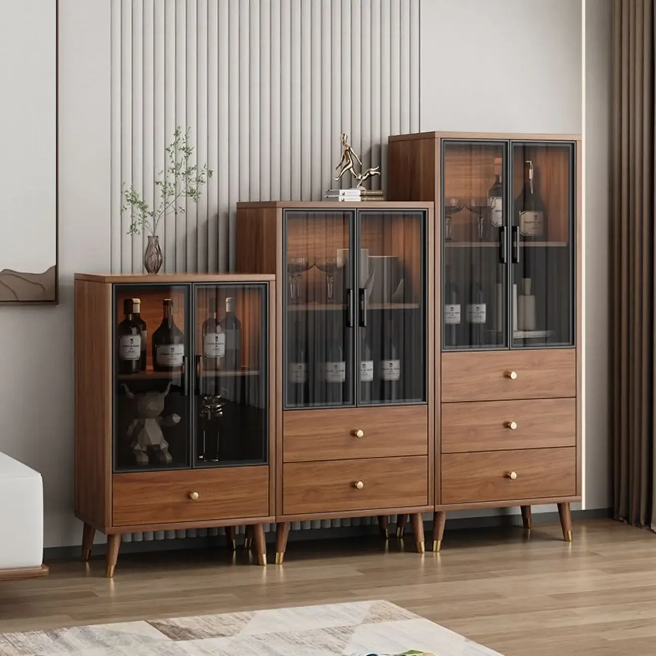 Unfixed Design Glass Doors Wine Cabinet with Shelf and Compartment Image - 2