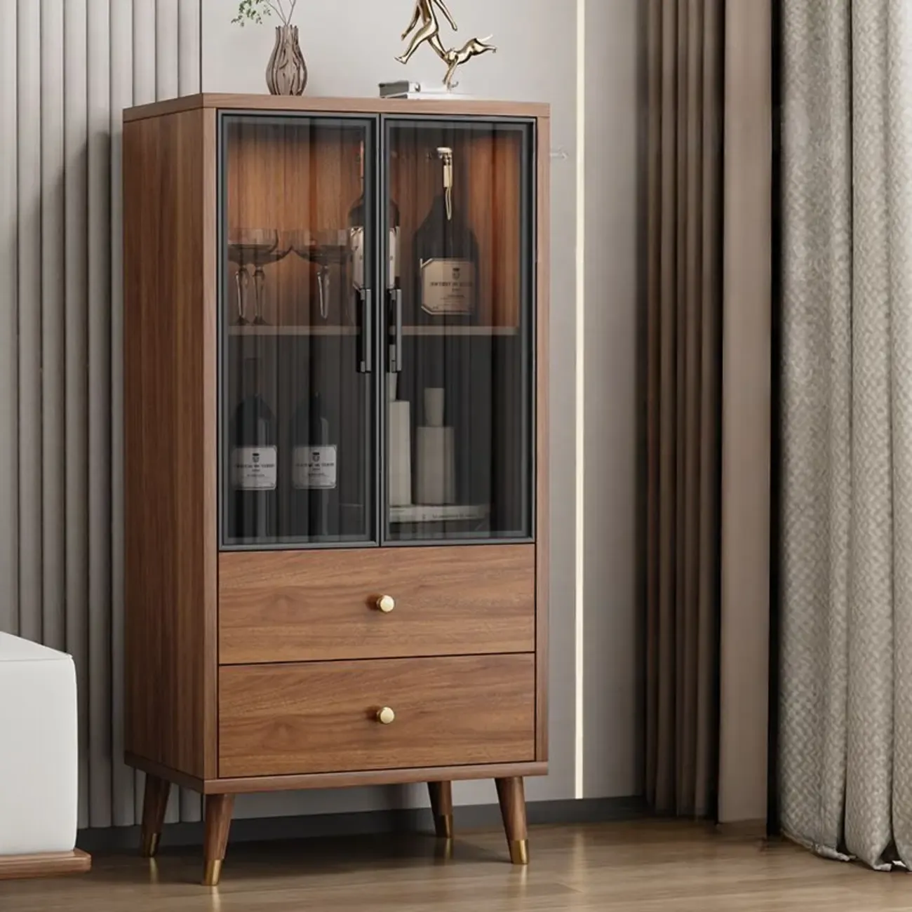 Unfixed Design Glass Doors Wine Cabinet with Shelf and Compartment Image - 1