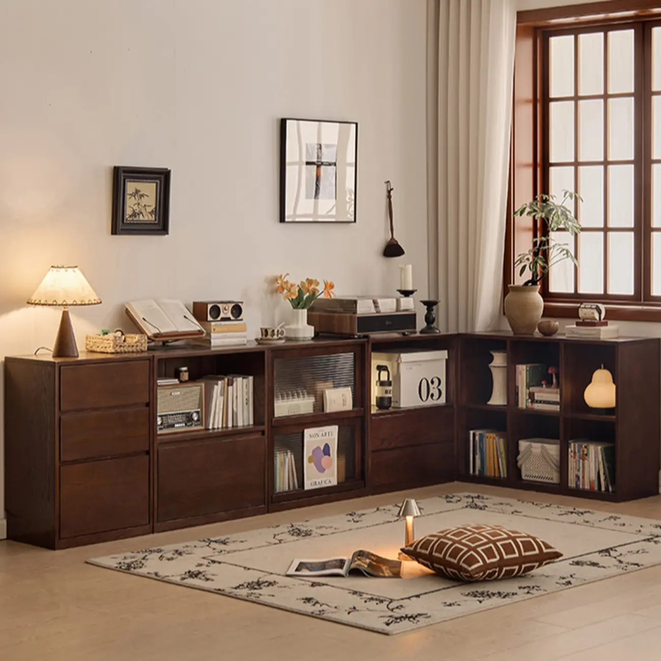 Horizontal Oak Wood Closed Back Bookcase With Drawers Image - 1 | homeyfad