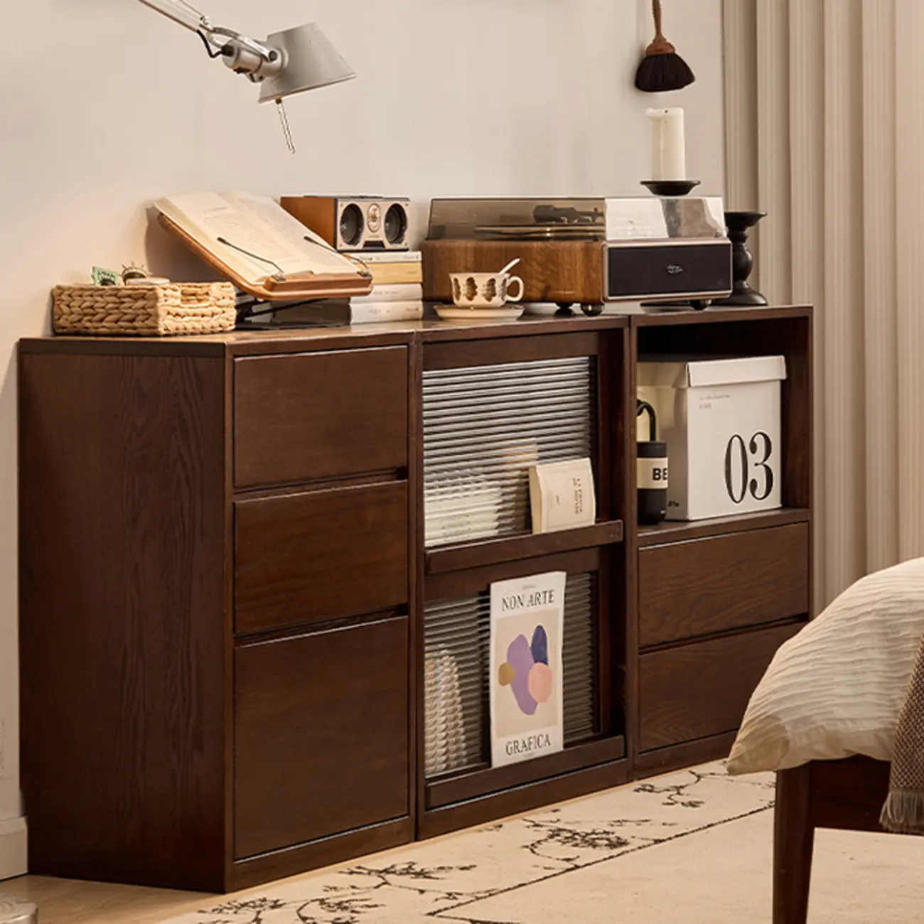 Horizontal Oak Wood Closed Back Bookcase With Drawers Image - 2 | homeyfad