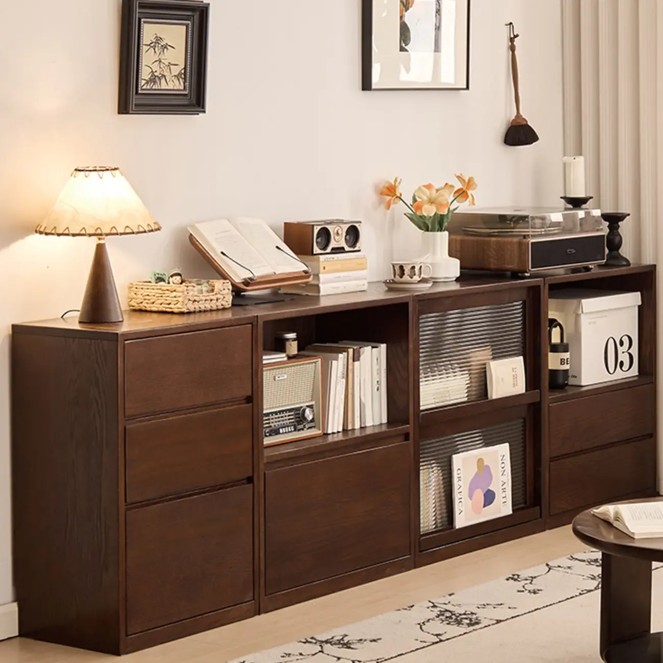 Horizontal Oak Wood Closed Back Bookcase With Drawers Image - 3