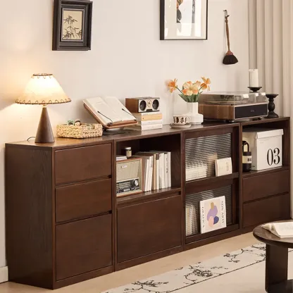 Horizontal Oak Wood Closed Back Bookcase With Drawers Image - 3